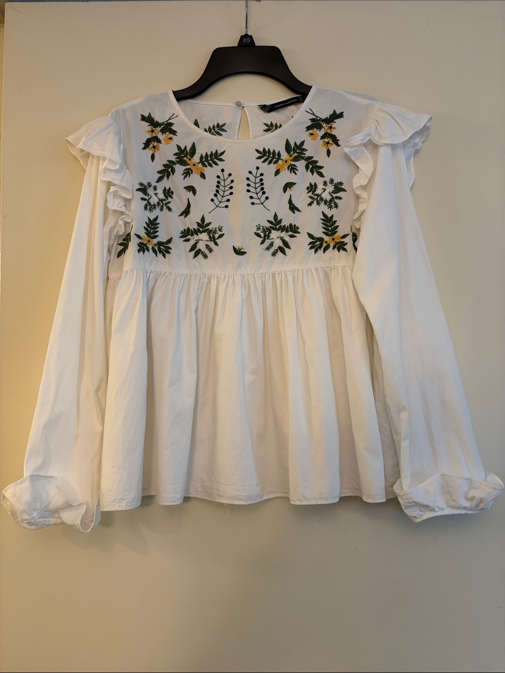 Zara Trafaluc Collection Women’s White Embroidered Long Ruffle Sleeve Blouse, S
